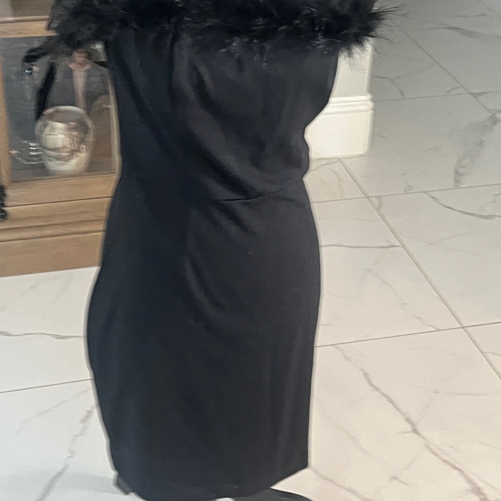 VENUS Strapless Black Dress with Feather Accent